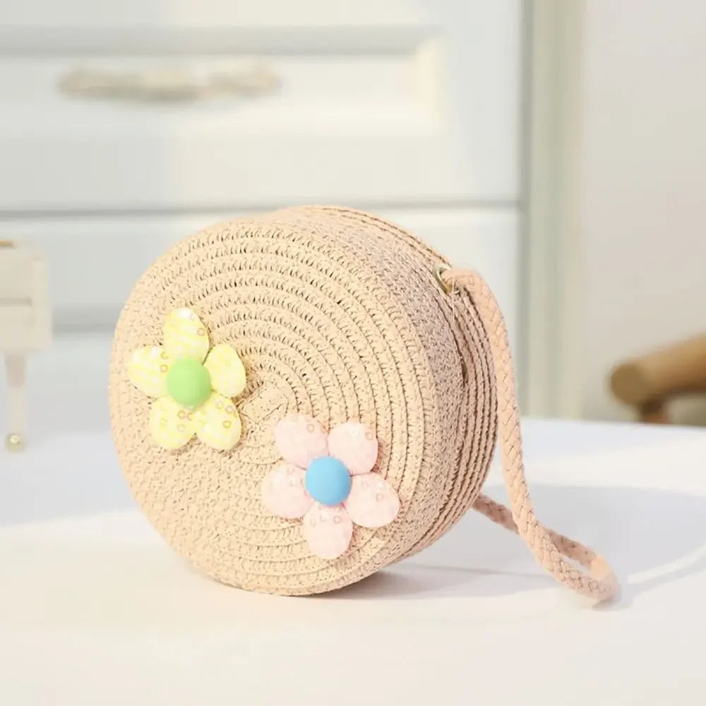 Children Straw Beach Bag Cute Heart Pattern Shoulder Bag Straw Crossbody Bag Handbag Baby Coin Purse Casual Messenger Bag