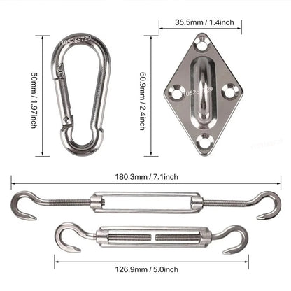 Kit d'accessoires voile d'ombrage 24 pcs – Inox 304 | Mousquetons, tendeurs, œillets