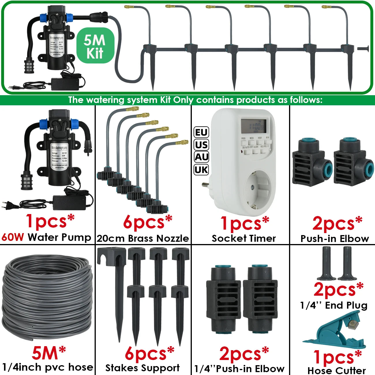 Kit d'Irrigation Jardin 5-30M - Pompe 60W Timer Buse Cuivre 360° Arrosage Automatique Serre
