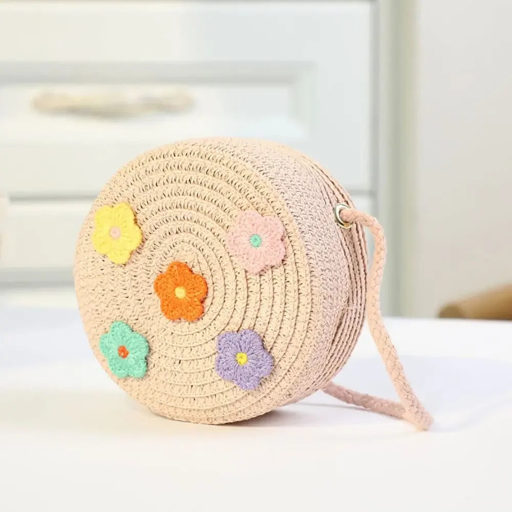 Children Straw Beach Bag Cute Heart Pattern Shoulder Bag Straw Crossbody Bag Handbag Baby Coin Purse Casual Messenger Bag