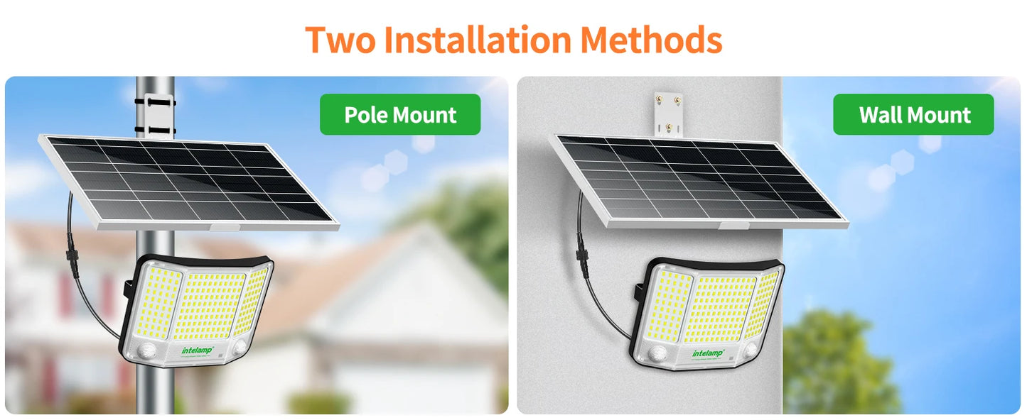 Lampe Solaire Intelamp 3000LM – 2 Détecteurs de Mouvement, Angle 240°, IP65, Batterie 12500mAh