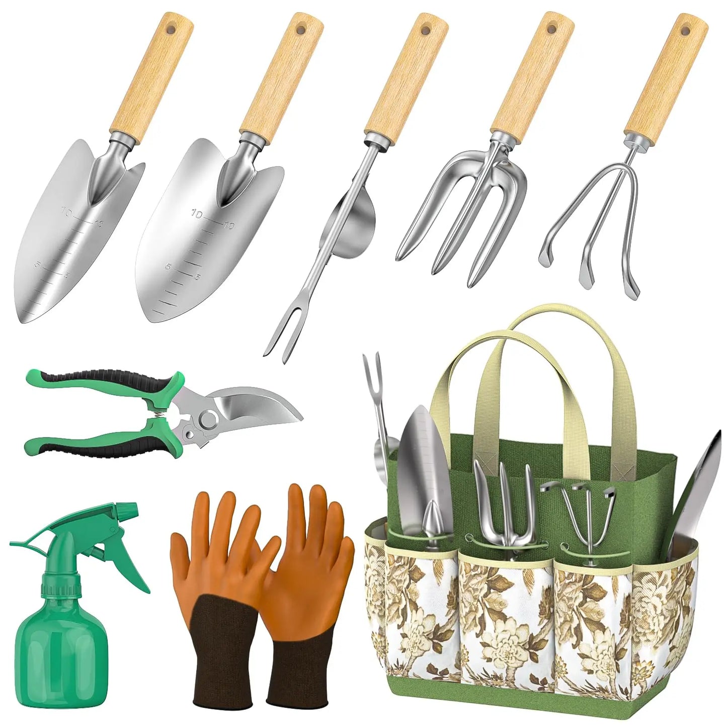 Coffret 9 Outils de Jardinage en Acier Inoxydable – Manches en Bois, Désherbage et Plantation