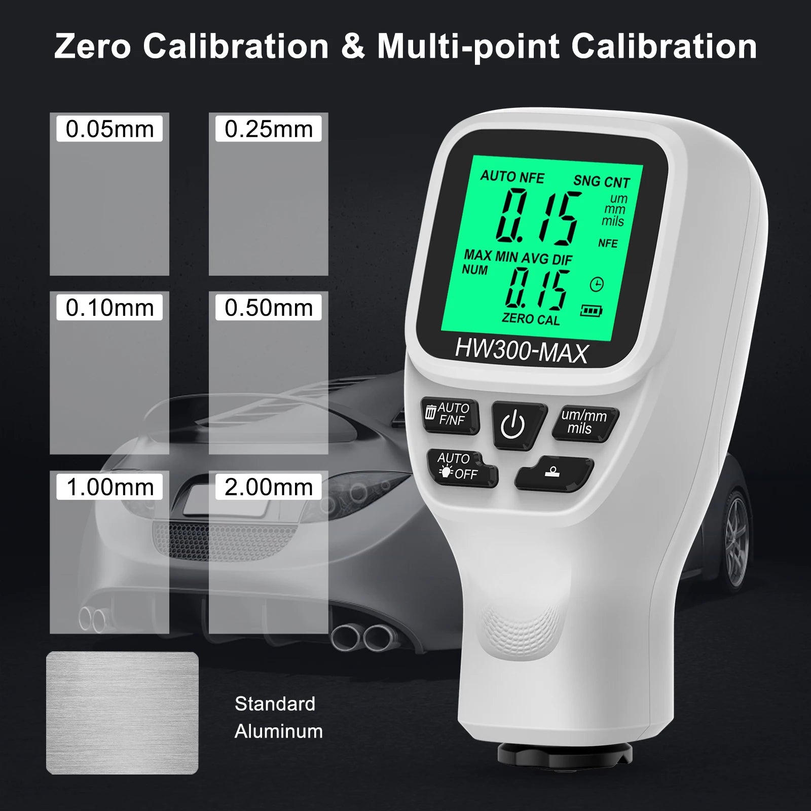 HW300-MAX Car Coating Thickness Gauge 0-2000UM Car Paint Film Thickness Tester Paint DFT Measuring Meter Digital Backlight