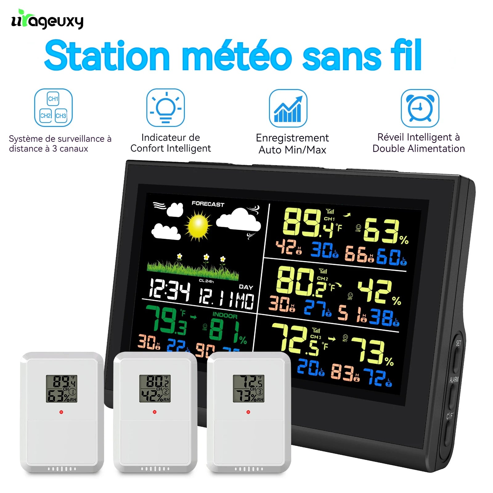 Station Météo Sans Fil 3 Capteurs - Grand Écran Couleur Thermomètre Hygromètre Intérieur Extérieur