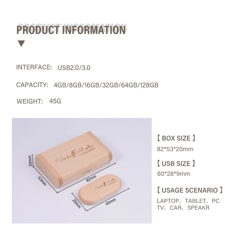 Clé USB 2.0 Bois Personnalisable 4GB 16GB 32GB 64GB avec Boîte Cadeau Mariage Photo