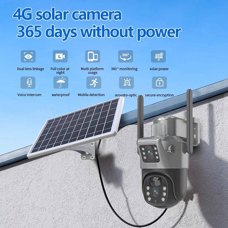 Caméra de Surveillance Solaire PTZ GECOFEER 4MP – 4G/WiFi, Double Objectif, Vision Nocturne, Audio, Extérieur