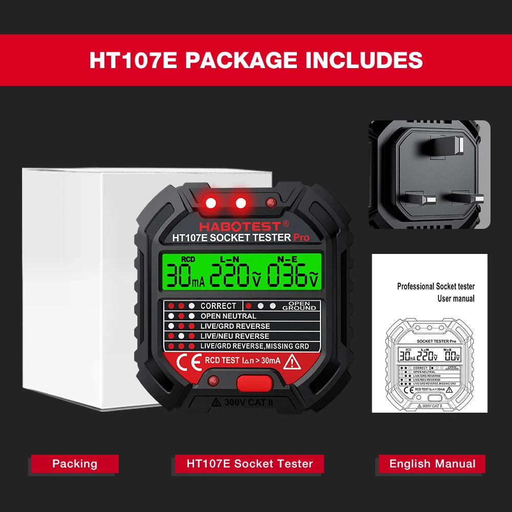 HABOTEST HT107 Digital Socket Tester Voltage 30mA RCD Test Smart Detector EU US UK Plug Ground Zero Line Polarity Phase Check