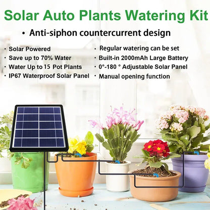 Kit d’Irrigation Solaire Automatique Goutte-à-Goutte – IP65, 30 Durées, 7 Intervalles, Jardin et Balcon
