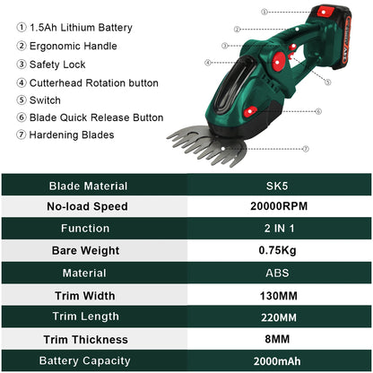 Taille-Haies & Cisaille à Gazon Électrique Sans Fil 2-en-1 – 20 000 tr/min, Rechargeable, 750g