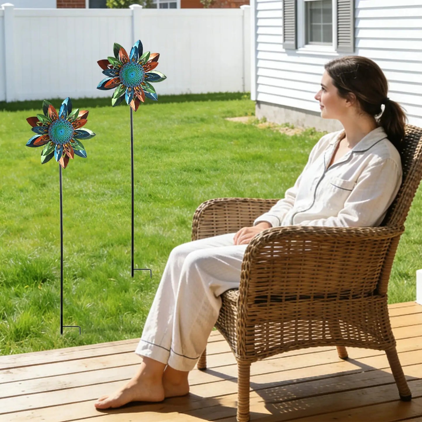 Moulin à Vent Décoratif Tournesol en Métal – Girouette Pivotante 122cm, Décoration Jardin Extérieur