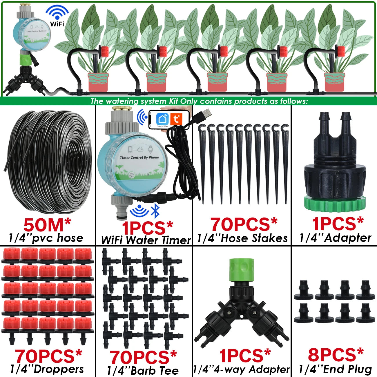 Kit Irrigation Goutte-à-Goutte KESLA – Tuyau 4/7mm, Programmateur & Capteur Pluie (5M à 50M)