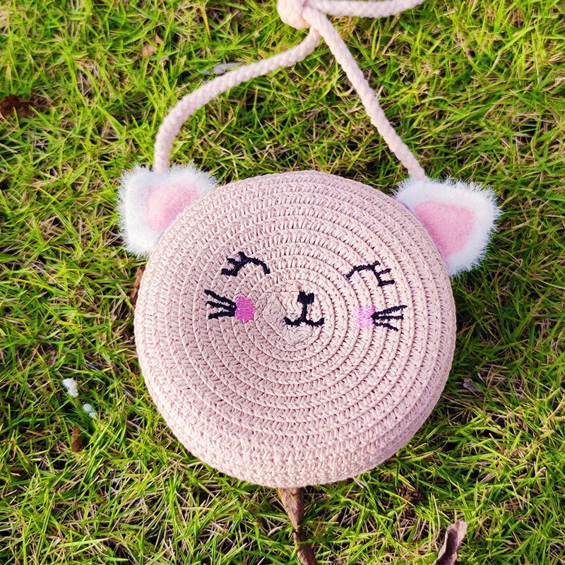 Summer Straw Bag Children's Small Shoulder Bags Baby Girls Mini Coin Purses Cute Cat Kids Chest Crossbody Bags Cartoon Straw Hat