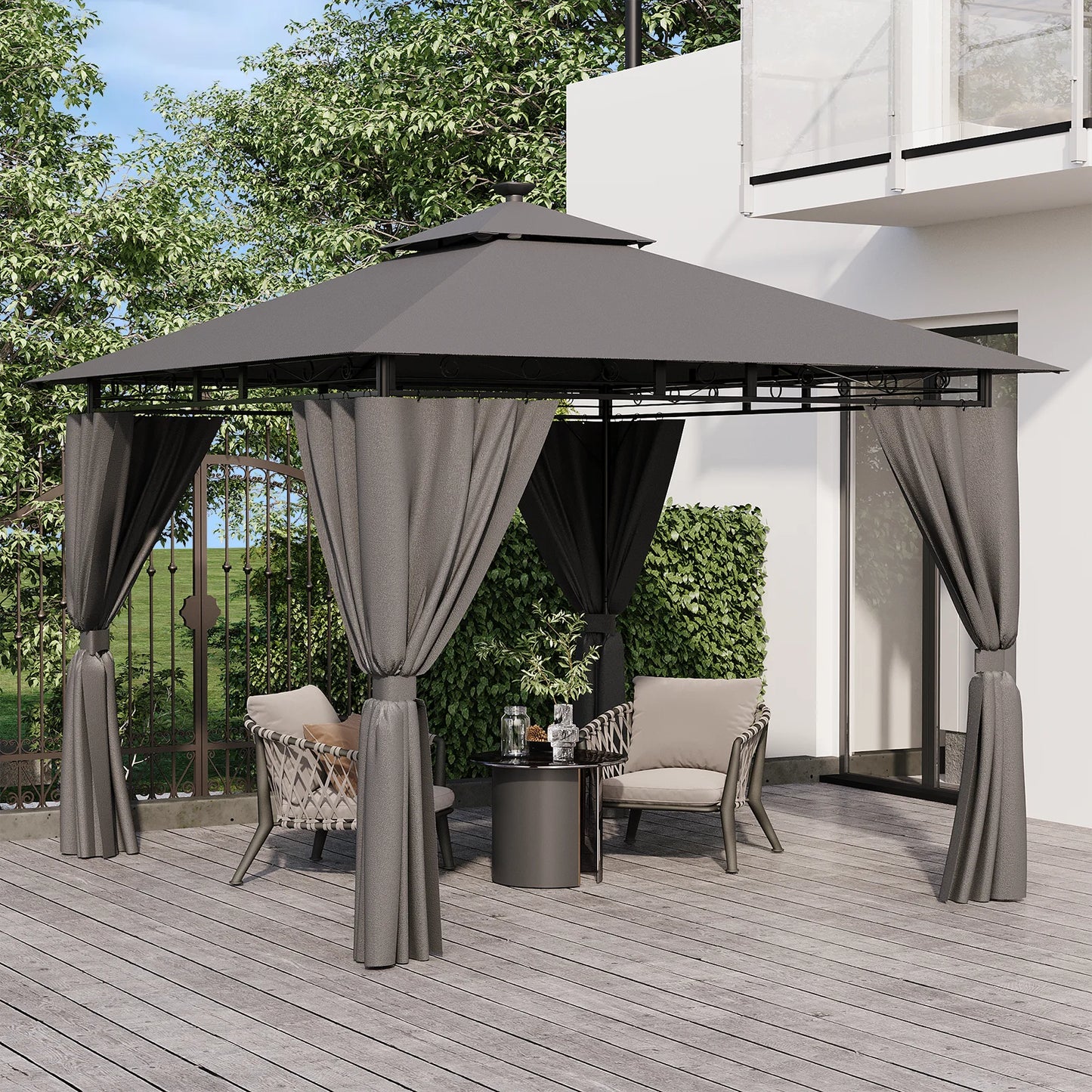 Pergola de Jardin 3x3m Double Toit – Aluminium, Rideaux Zippés & LED Solaire Optionnel | Devoko