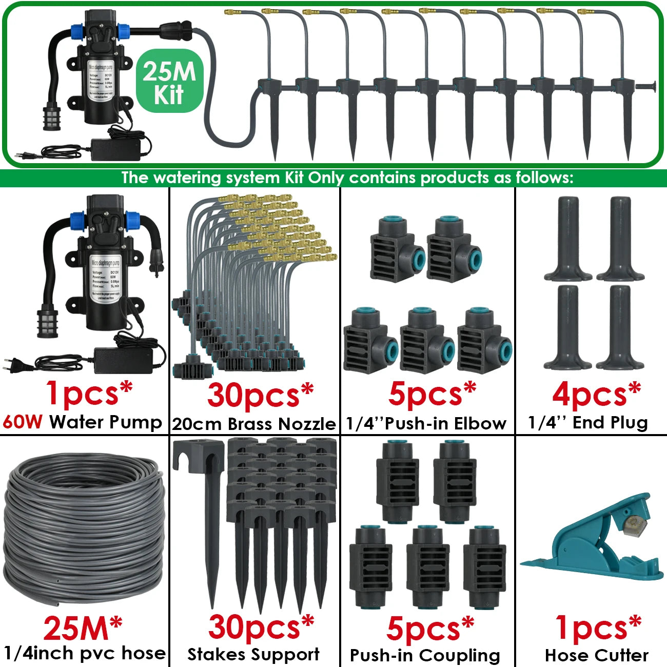Kit d'Irrigation Jardin 5-30M - Pompe 60W Timer Buse Cuivre 360° Arrosage Automatique Serre