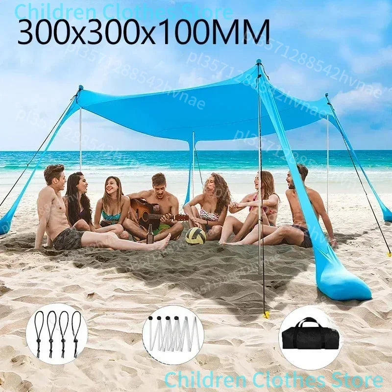 Tente de Plage Familiale 3x3m - Auvent Pliable Pare-Soleil, Coupe-Vent, Polyester, Grande Capacité - Camping Plage