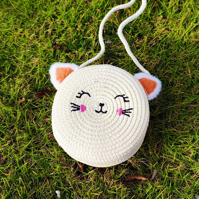 Summer Straw Bag Children's Small Shoulder Bags Baby Girls Mini Coin Purses Cute Cat Kids Chest Crossbody Bags Cartoon Straw Hat