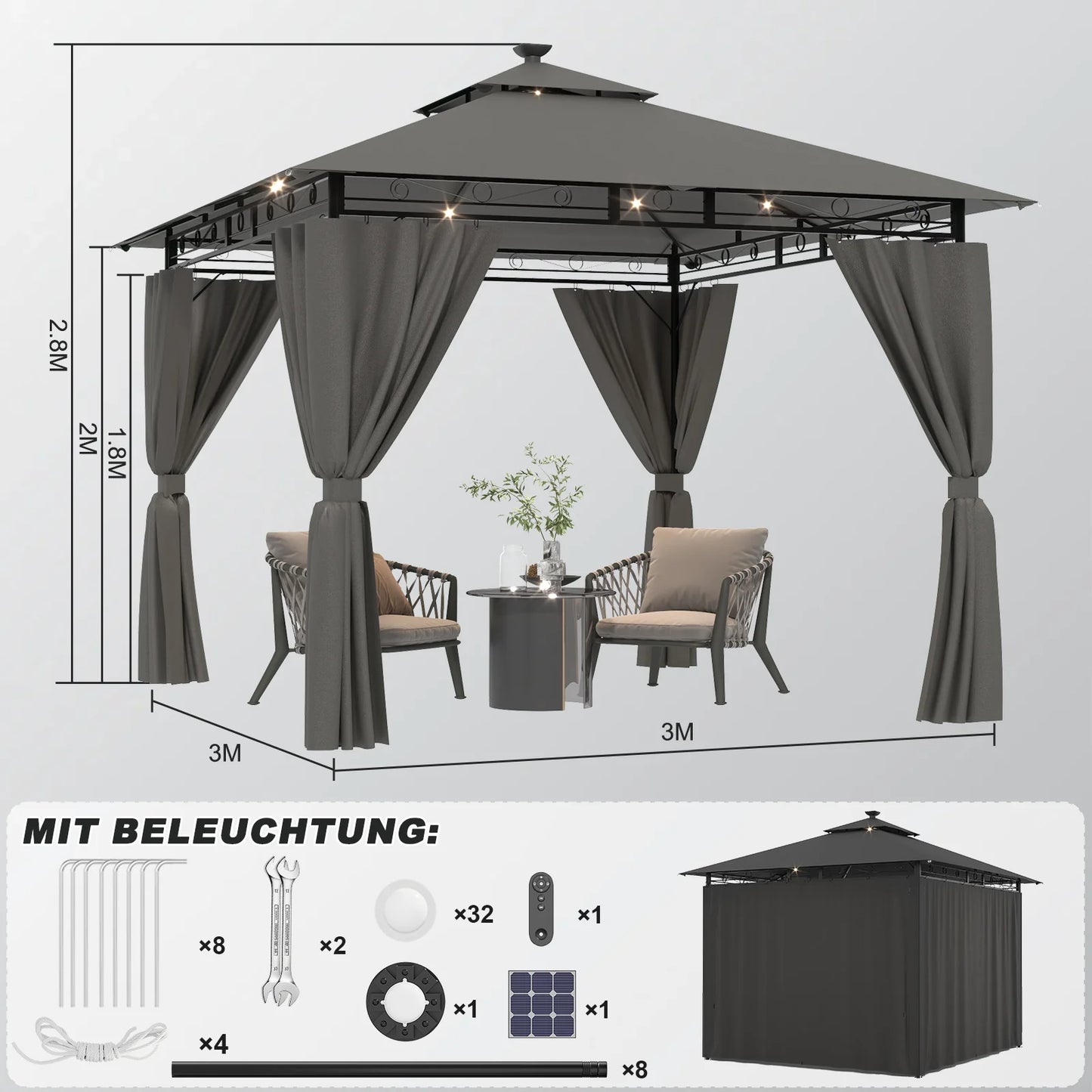 Pergola de Jardin 3x3m Double Toit – Aluminium, Rideaux Zippés & LED Solaire Optionnel | Devoko
