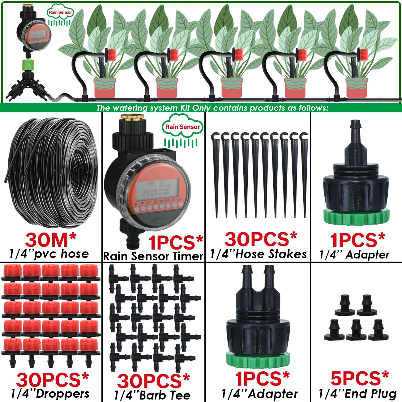 Kit Irrigation Goutte-à-Goutte KESLA – Tuyau 4/7mm, Programmateur & Capteur Pluie (5M à 50M)