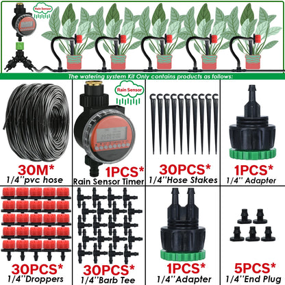 Kit Irrigation Goutte-à-Goutte KESLA – Tuyau 4/7mm, Programmateur & Capteur Pluie (5M à 50M)