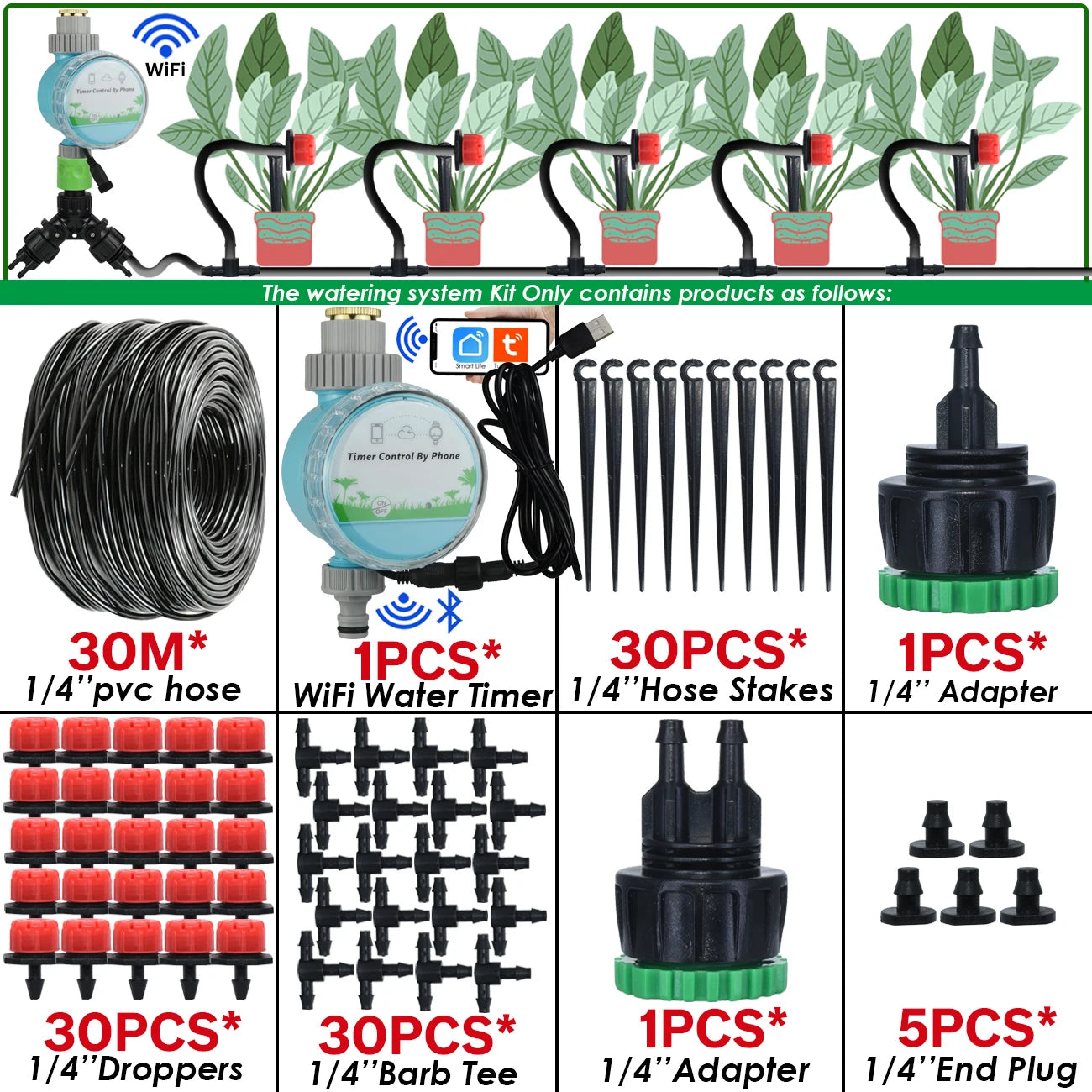 Kit Irrigation Goutte-à-Goutte KESLA – Tuyau 4/7mm, Programmateur & Capteur Pluie (5M à 50M)