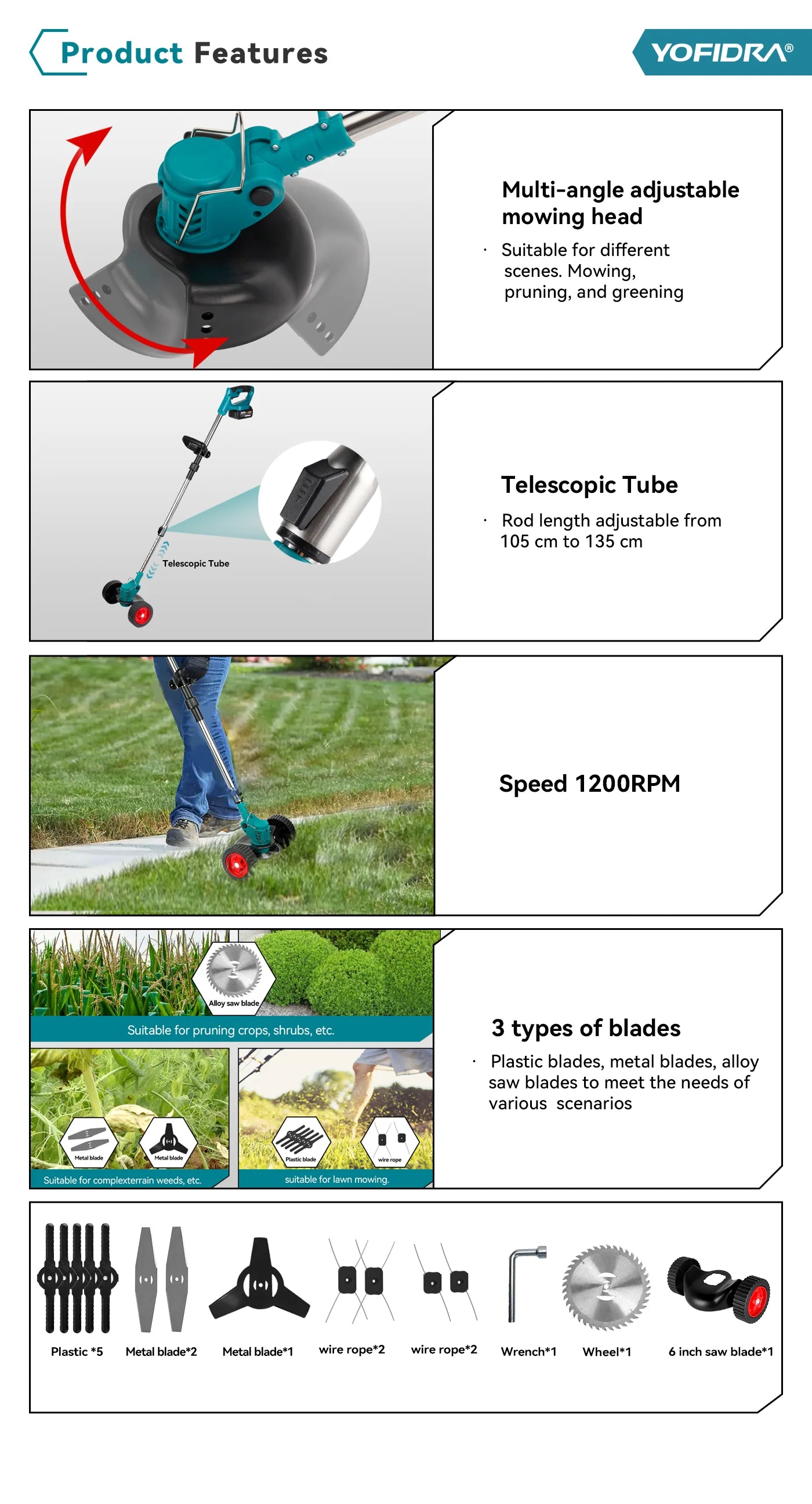 Débroussailleuse électrique sans fil Yofidra – 1500W, 12000 RPM, Télescopique 100-135 cm | Batterie 18V