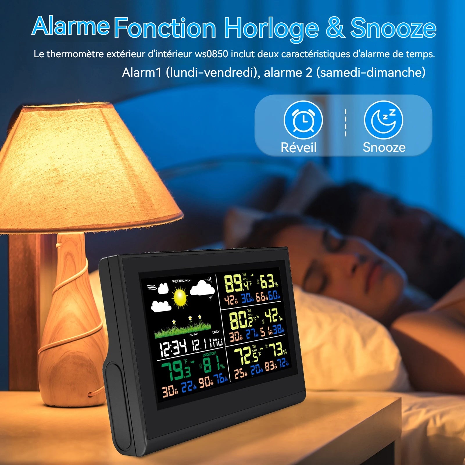 Station Météo Sans Fil 3 Capteurs - Grand Écran Couleur Thermomètre Hygromètre Intérieur Extérieur