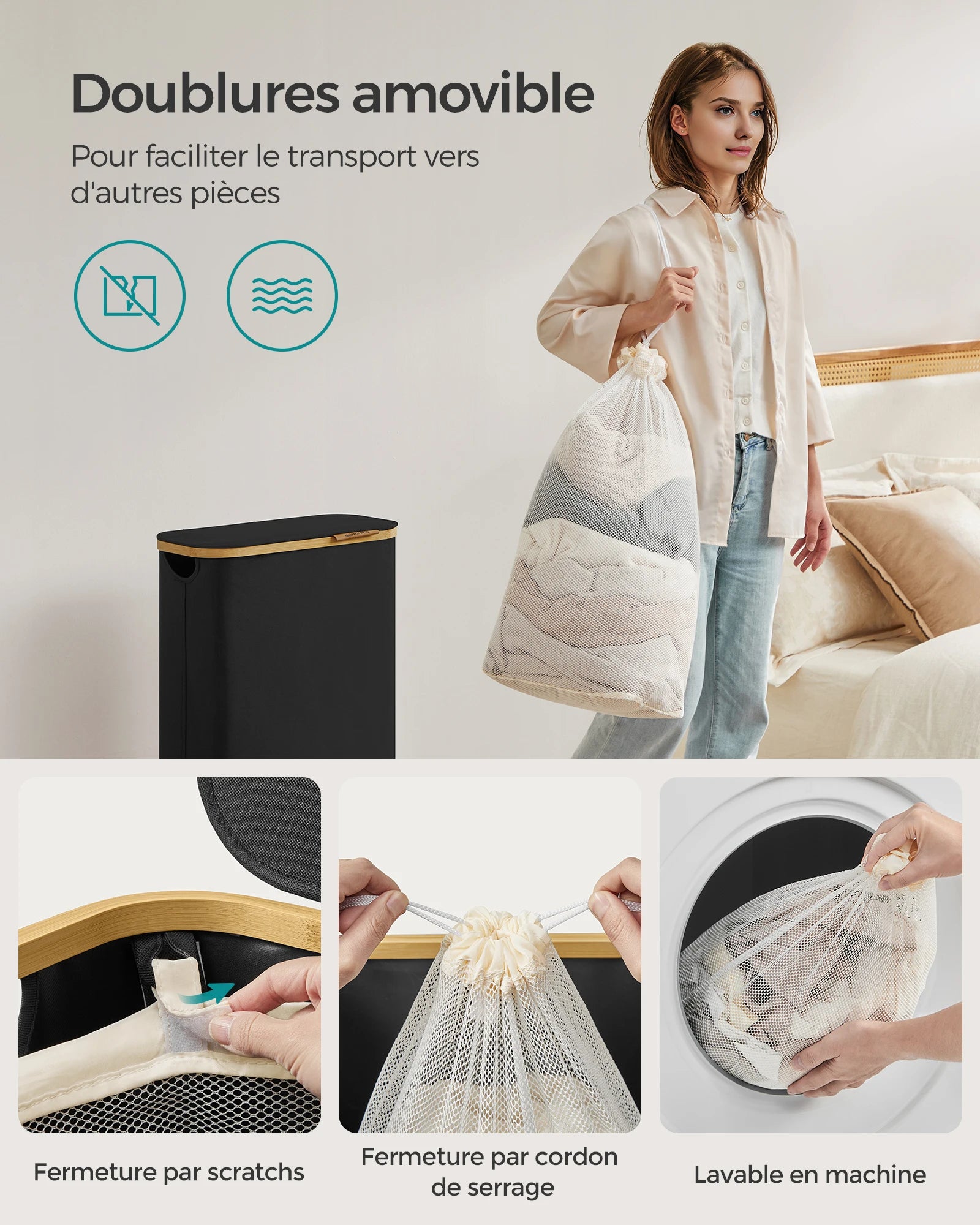 Panier à Linge SONGMICS 65L avec Couvercle - Pliable Gain de Place - Bambou