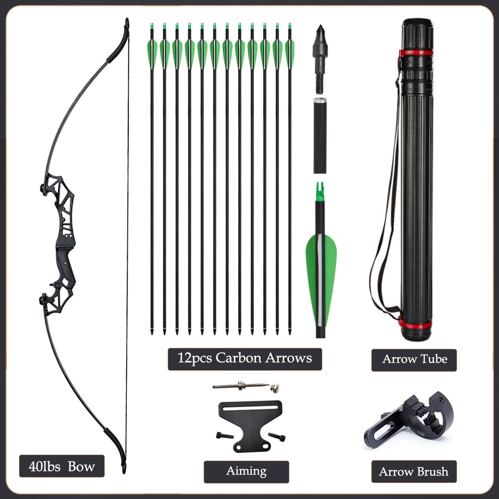 Arc Recurve Tir à l'Arc 20-50lbs Démontable avec Flèches Carbone Carquois Cible Entraînement