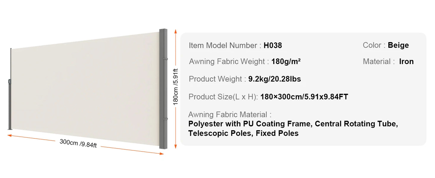 Auvent Latéral Rétractable – Brise-Vue Polyester Imperméable UV30+, Pare-Vent Extérieur