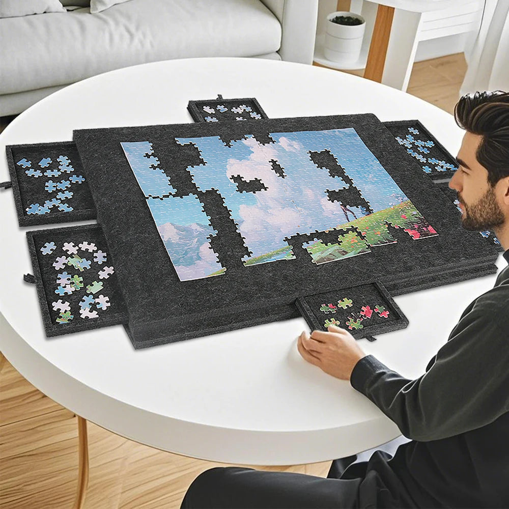 Plateau Puzzle Pliable 77×54 cm – Support Incliné, 6 Tiroirs de Tri & Housse de Protection