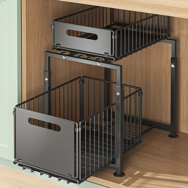 Panier Coulissant 2 Niveaux – Organiseur Réglable Sous Évier, Cuisine & Salle de Bain