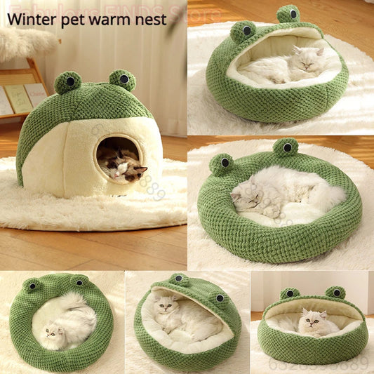 Nid Douillet Forme Grenouille pour Chat et Chien – Corbeille Peluche Semi-Fermée, Chaud et Antidérapant