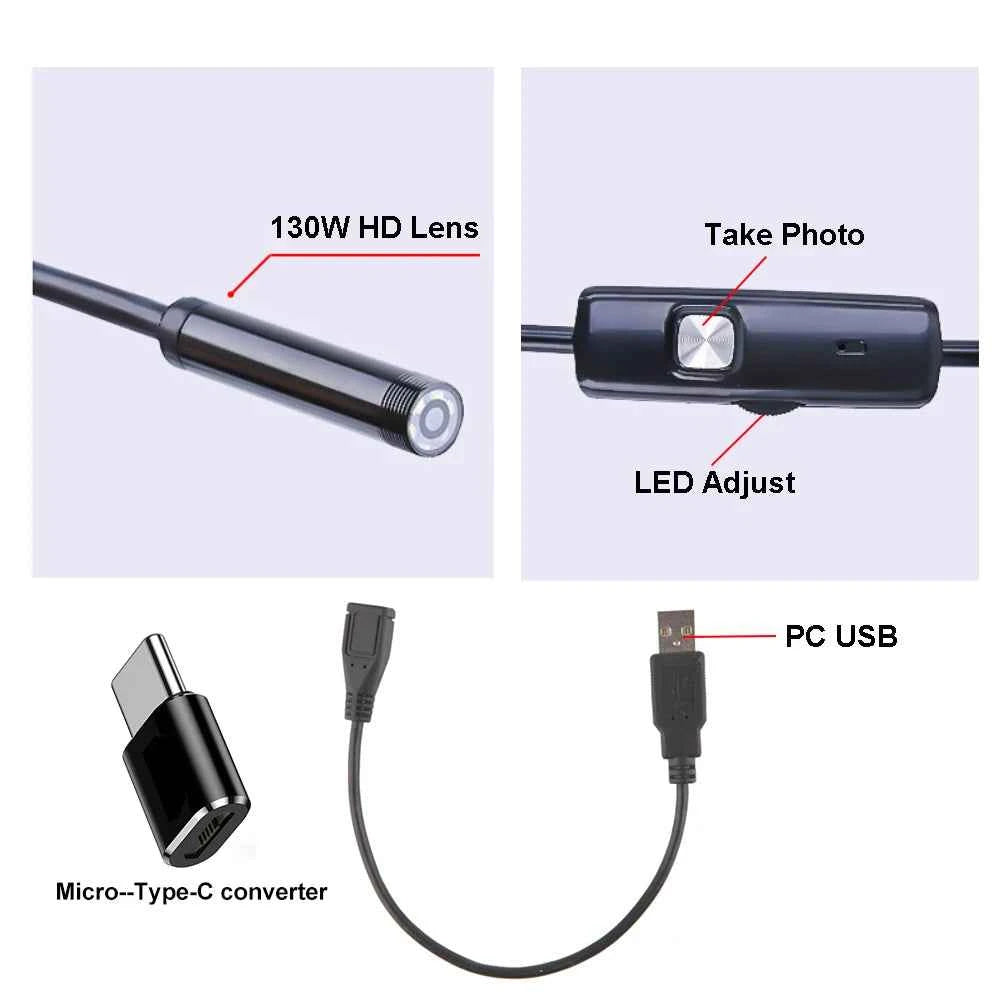 Caméra Endoscope USB Android – IP67, 6 LED, Flexible, Ø5.5mm ou 7mm