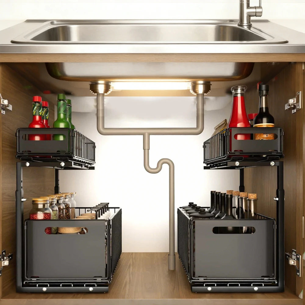 Organiseur Coulissant 2 Niveaux – Rangement Réglable Sous Évier Cuisine & Salle de Bain
