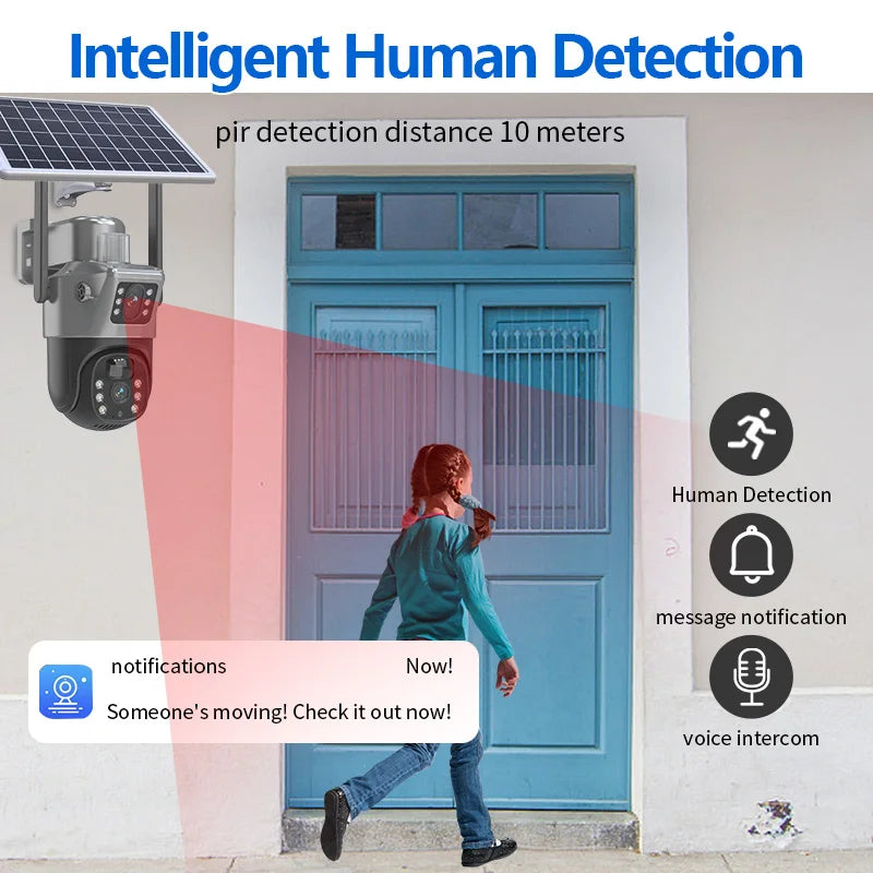 Caméra de Surveillance Solaire PTZ GECOFEER 4MP – 4G/WiFi, Double Objectif, Vision Nocturne, Audio, Extérieur