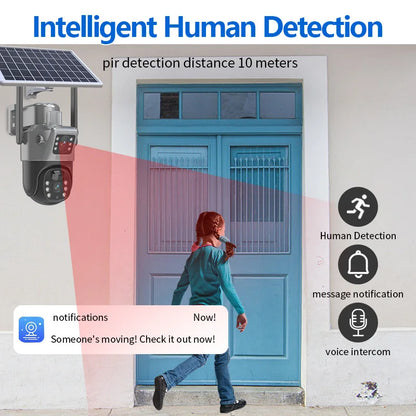 Caméra de Surveillance Solaire PTZ GECOFEER 4MP – 4G/WiFi, Double Objectif, Vision Nocturne, Audio, Extérieur