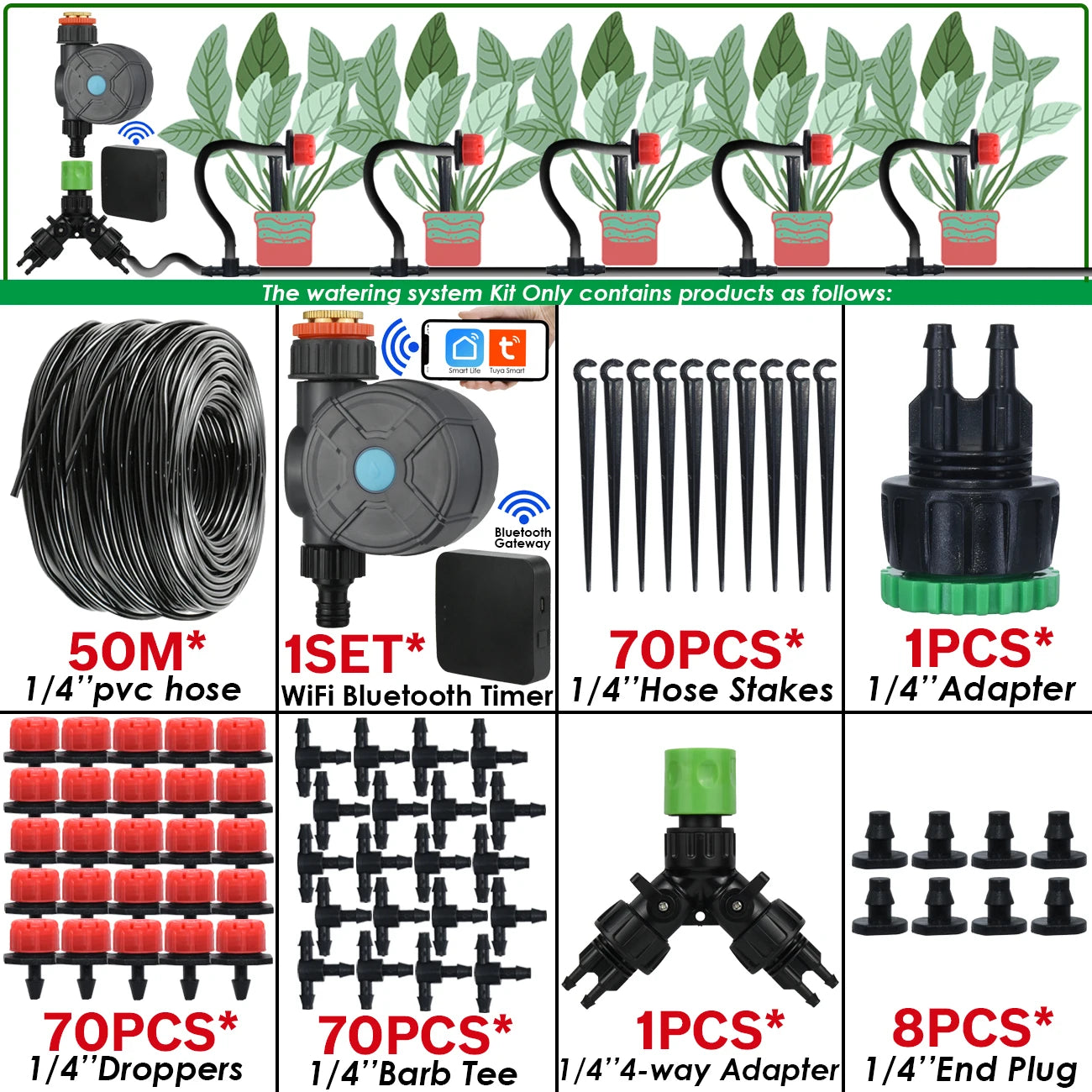 Kit Irrigation Goutte-à-Goutte KESLA – Tuyau 4/7mm, Programmateur & Capteur Pluie (5M à 50M)