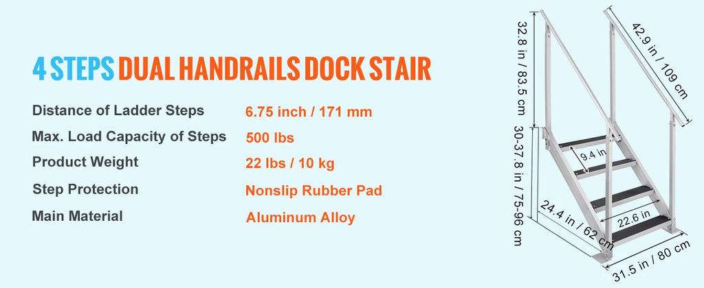 Échelle Ponton Aluminium Double Rampe - 4/6 Marches Antidérapantes, Hauteur Ajustable, 227kg - Piscine Bateau Lac