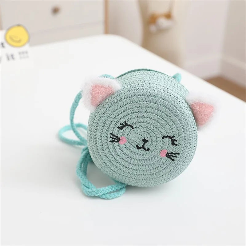 Summer Straw Bag Children's Small Shoulder Bags Baby Girls Mini Coin Purses Cute Cat Kids Chest Crossbody Bags Cartoon Straw Hat