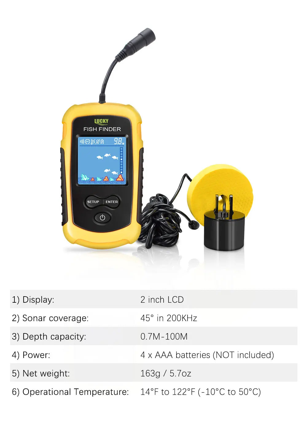 Sondeur Pêche Portable FFC1108-1 100m Sonar 45° Alarme Transducteur Lac Mer Détecteur Poisson