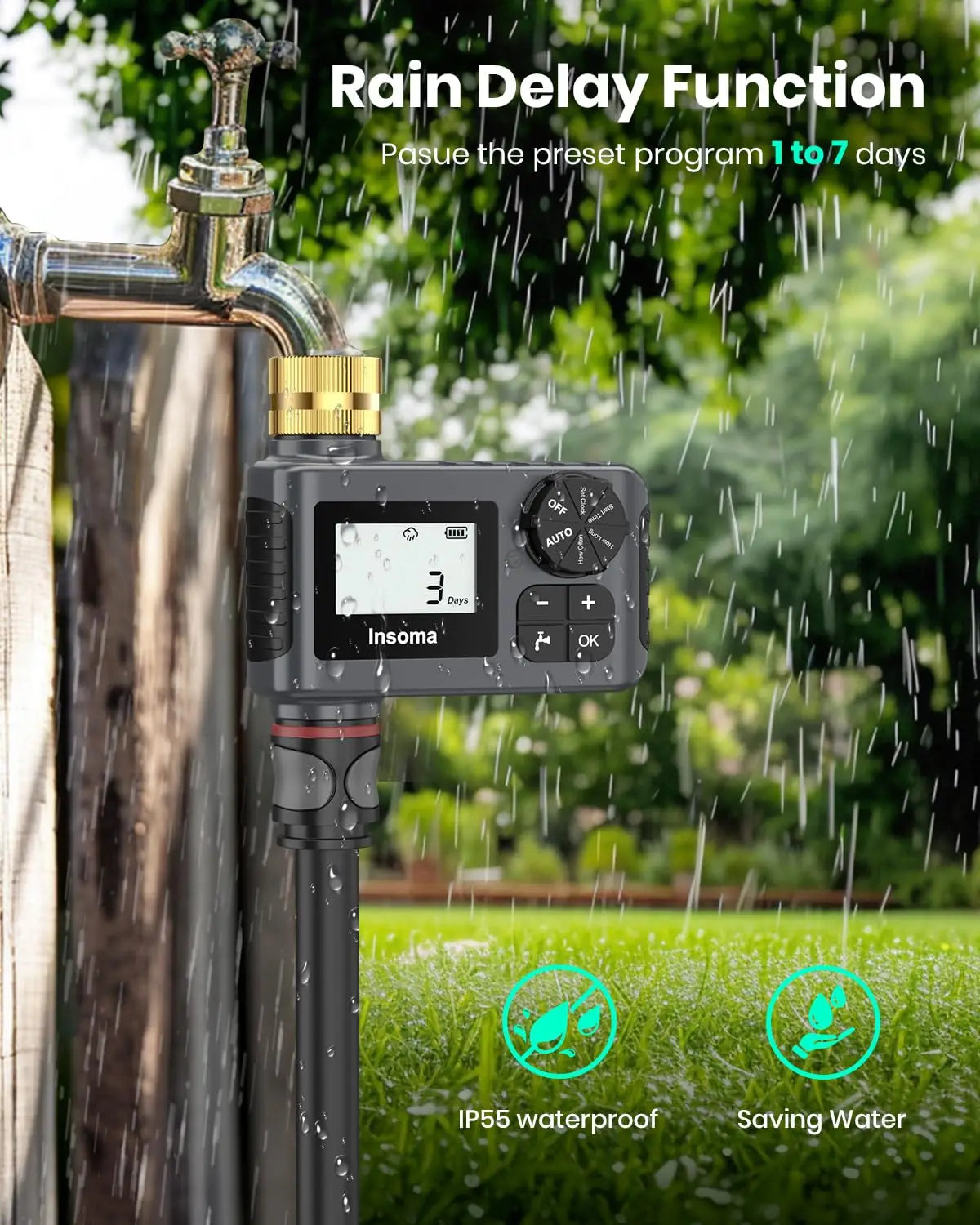 Programmateur d'Arrosage Automatique INSOMA - Minuteur Intelligent LCD Écran pour Jardin et Pelouse
