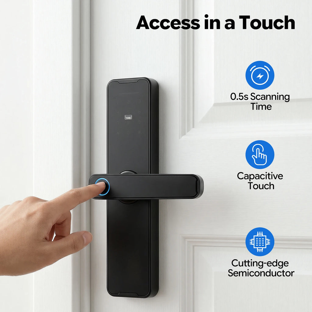 Serrure Intelligente Connectée Tuya – Empreinte, Code, Carte, Clé, App – Aluminium Noir