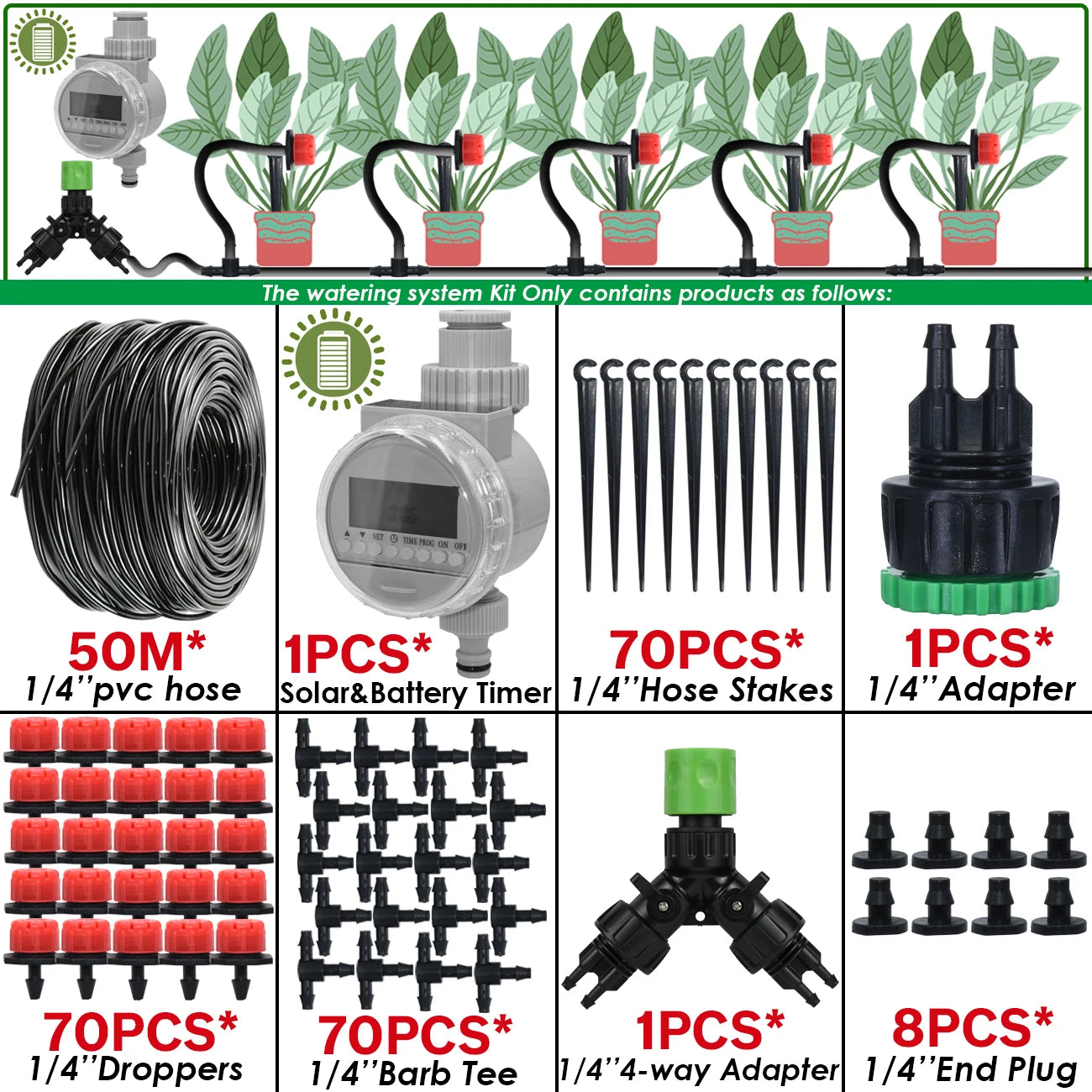 Kit Irrigation Goutte-à-Goutte KESLA – Tuyau 4/7mm, Programmateur & Capteur Pluie (5M à 50M)