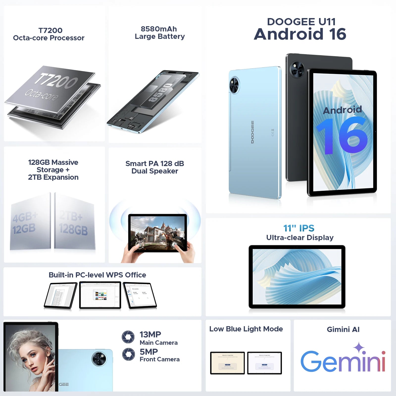 Tablette DOOGEE U11 11" Android 16 - 16GB+128GB - Écran 90Hz - Batterie 8580mAh