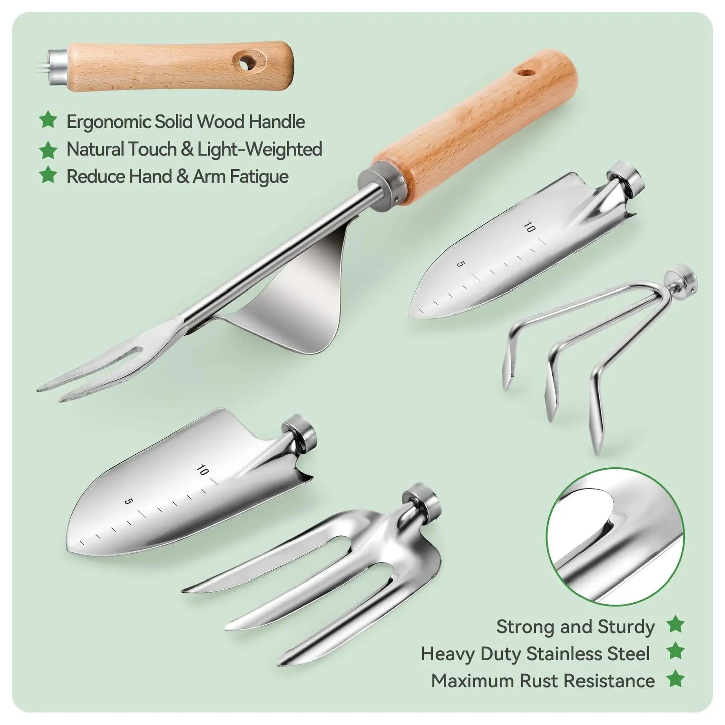 Coffret 9 Outils de Jardinage en Acier Inoxydable – Manches en Bois, Désherbage et Plantation