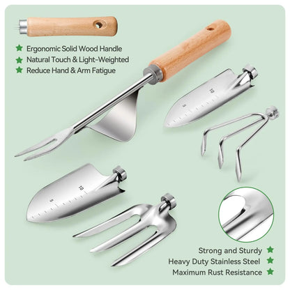 Coffret 9 Outils de Jardinage en Acier Inoxydable – Manches en Bois, Désherbage et Plantation