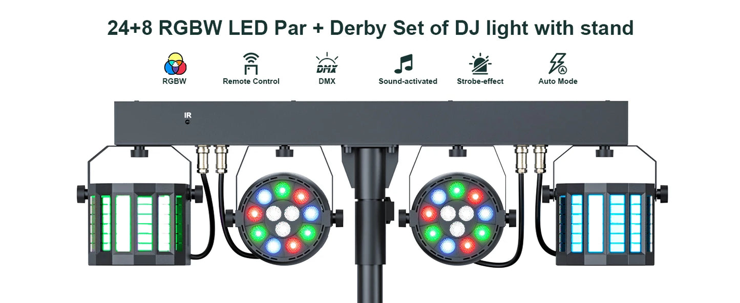 Kit Projecteurs Scène Fieryzeal 60W RGBW – 2 PAR LED + 2 Sabres, DMX512, Télécommande, Prise EU