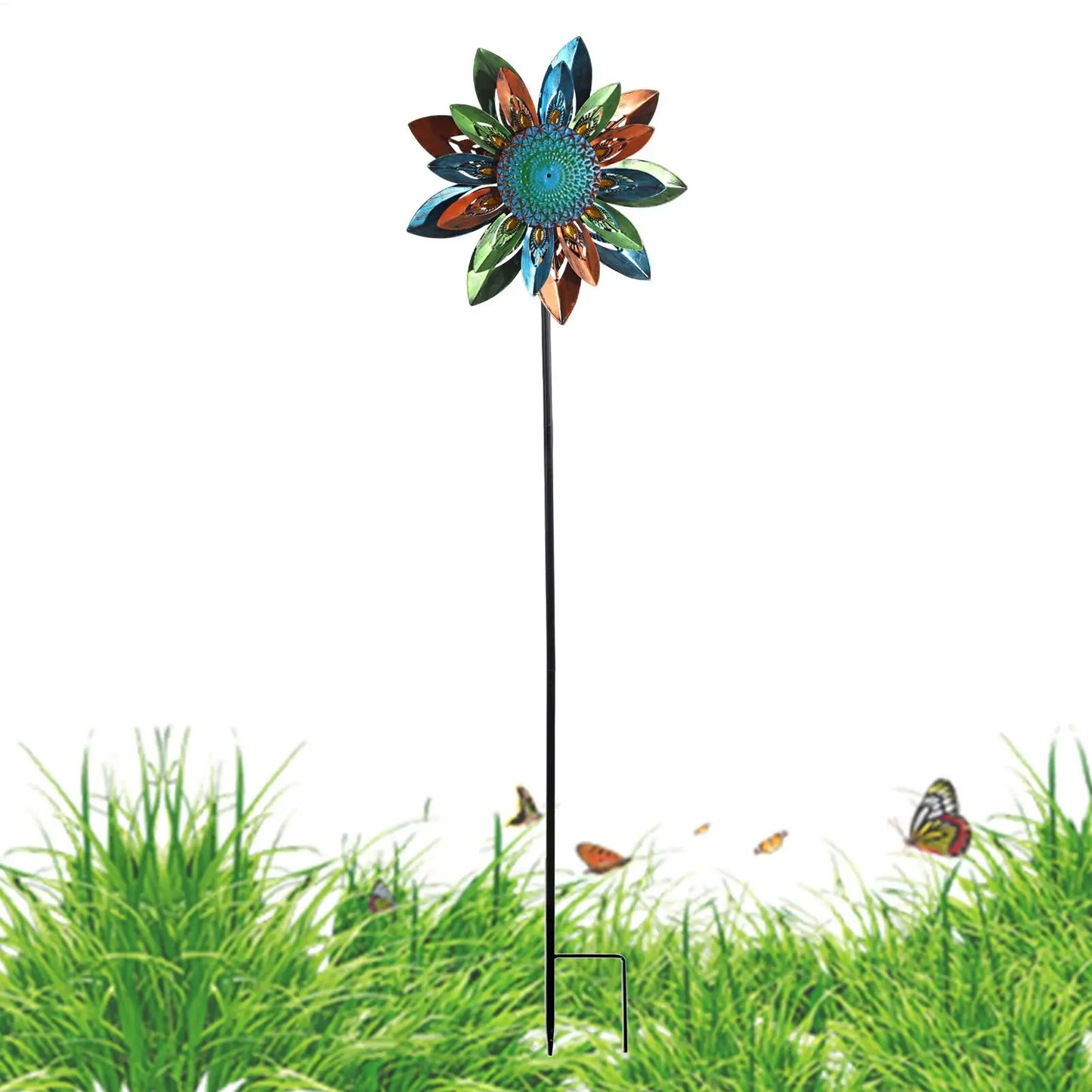 Moulin à Vent Décoratif Tournesol en Métal – Girouette Pivotante 122cm, Décoration Jardin Extérieur