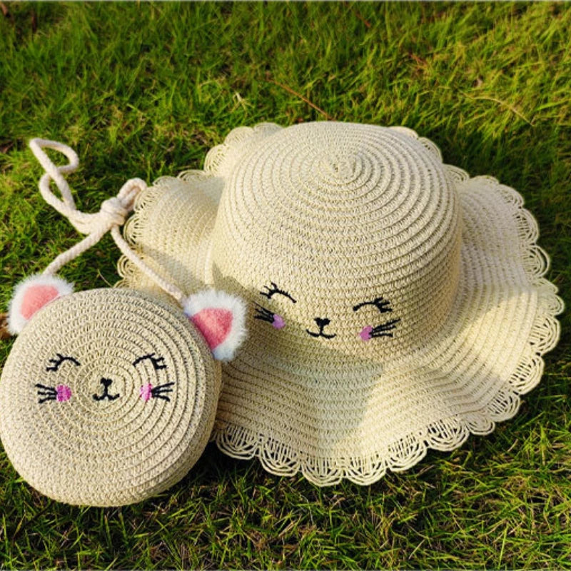 Summer Straw Bag Children's Small Shoulder Bags Baby Girls Mini Coin Purses Cute Cat Kids Chest Crossbody Bags Cartoon Straw Hat