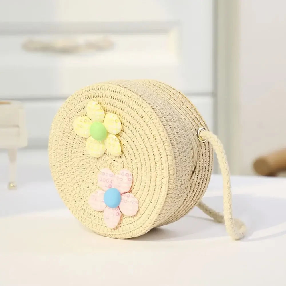 Children Straw Beach Bag Cute Heart Pattern Shoulder Bag Straw Crossbody Bag Handbag Baby Coin Purse Casual Messenger Bag
